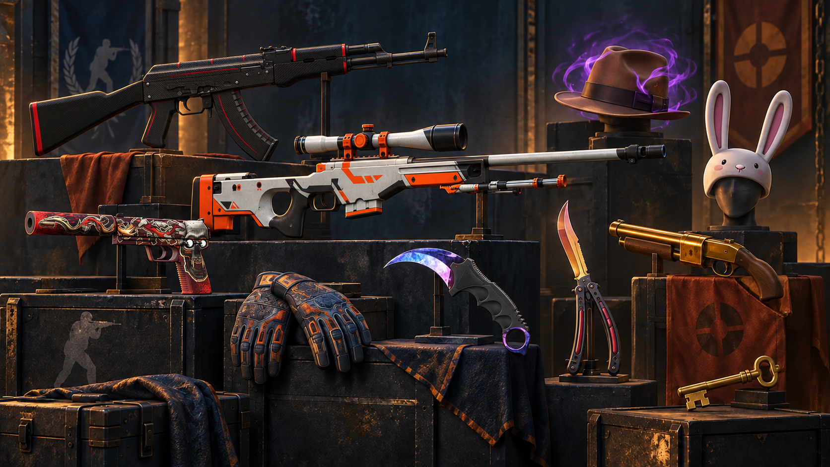 Illustrated display of CS2 weapon skins and TF2 collectibles in a dark showroom.